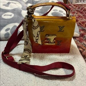 EUC Louis Vuitton Monceau Satchel Hand Painted w/Scarf & Long Red, Fabric Strap